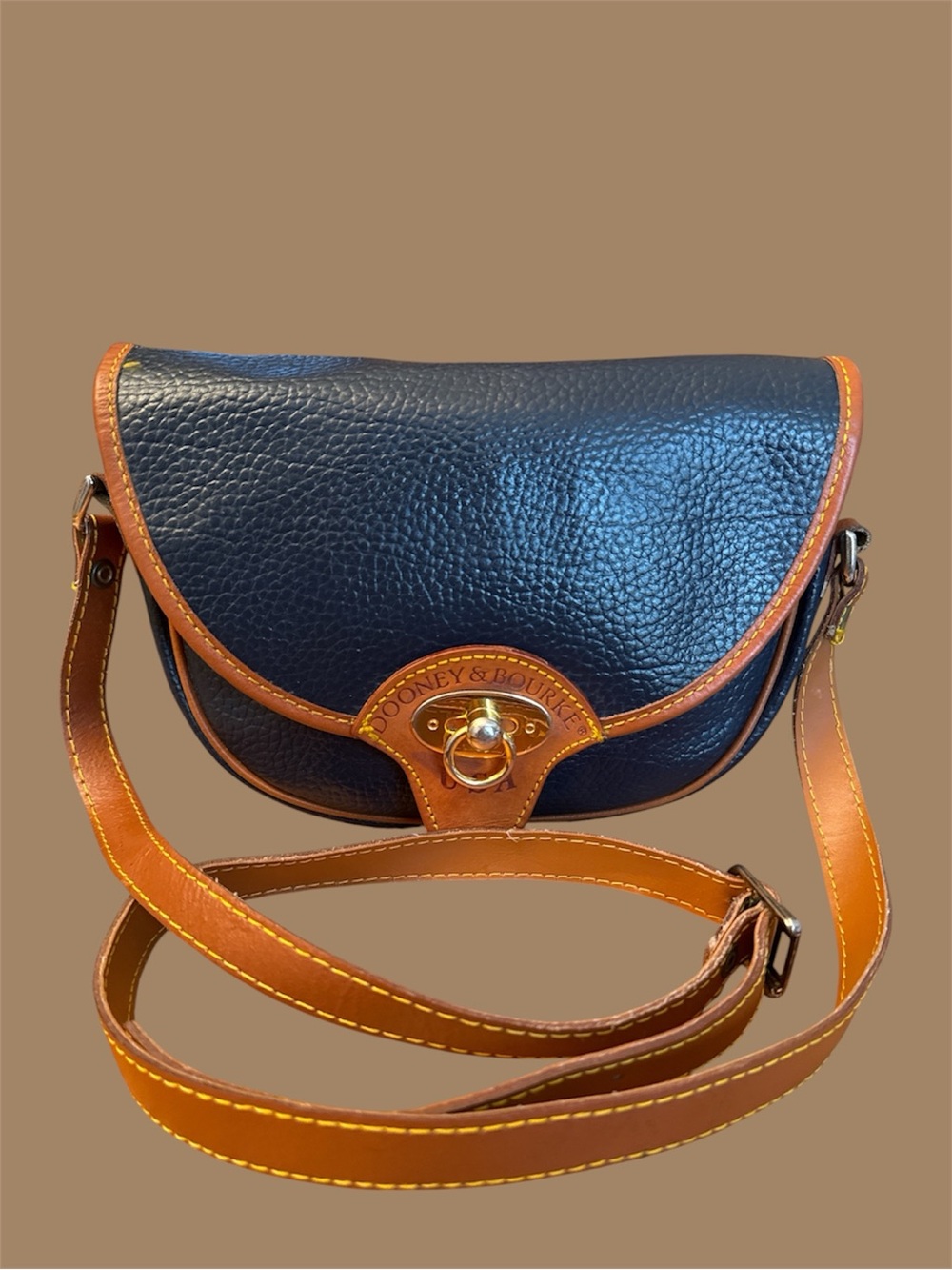 Vintage Dooney & Bourke Navy Pebbled Leather Calvary Crossbody with Tan Trim